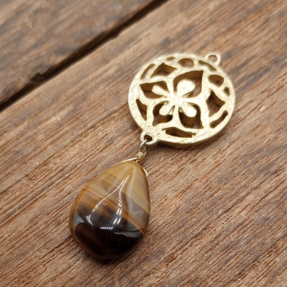 Gold Tone Floral Drop Pendant with Brown Tigers Eye Teardrop P244